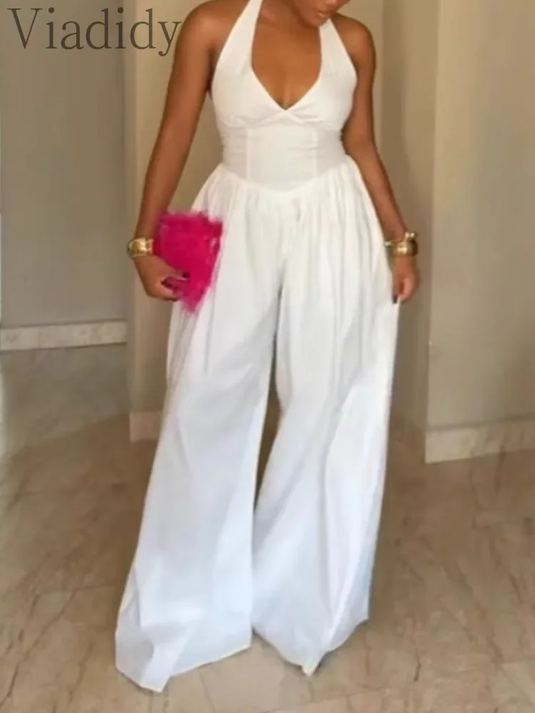 

Женские сексуальные комбинезоны с открытой спиной и широкими штанинами, однотонные, без рукавов, повседневные.