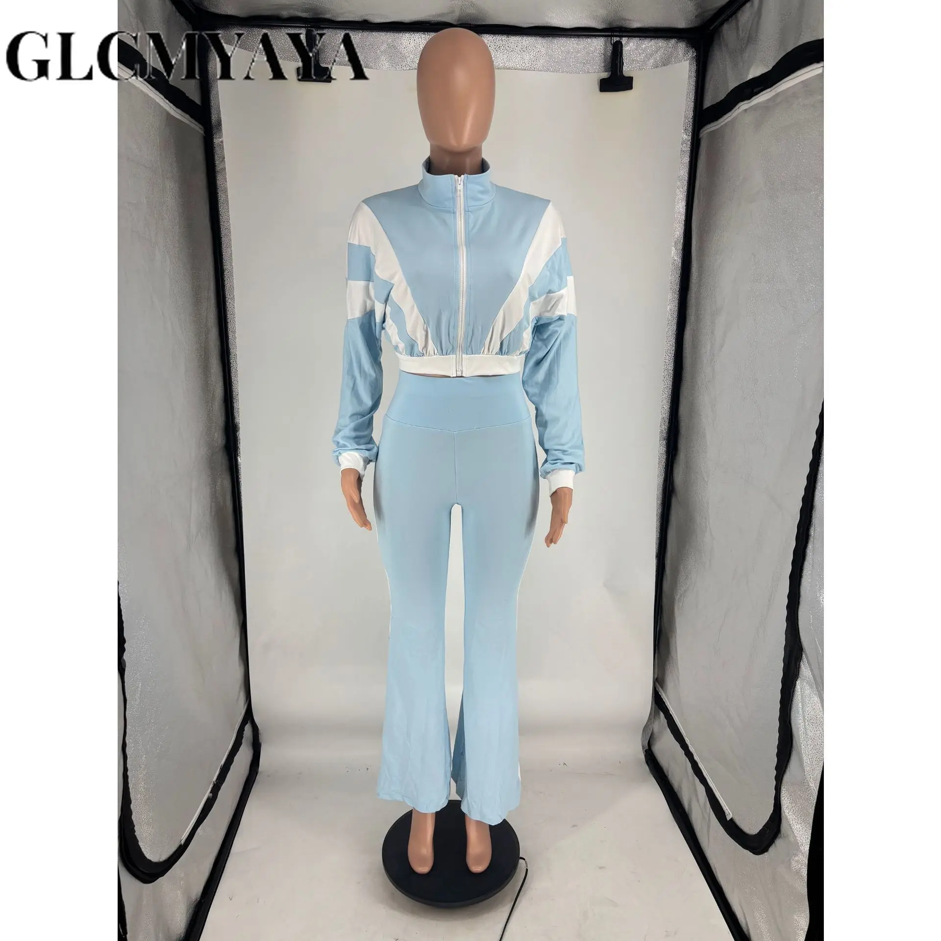 طقم نسائي رياضي مرقع من GLCMYAYA جاكيت بأكمام طويلة وسراويل رياضية واسعة الساق 2025 بدلة رياضية للياقة البدنية طقم مكون من قطعتين #4