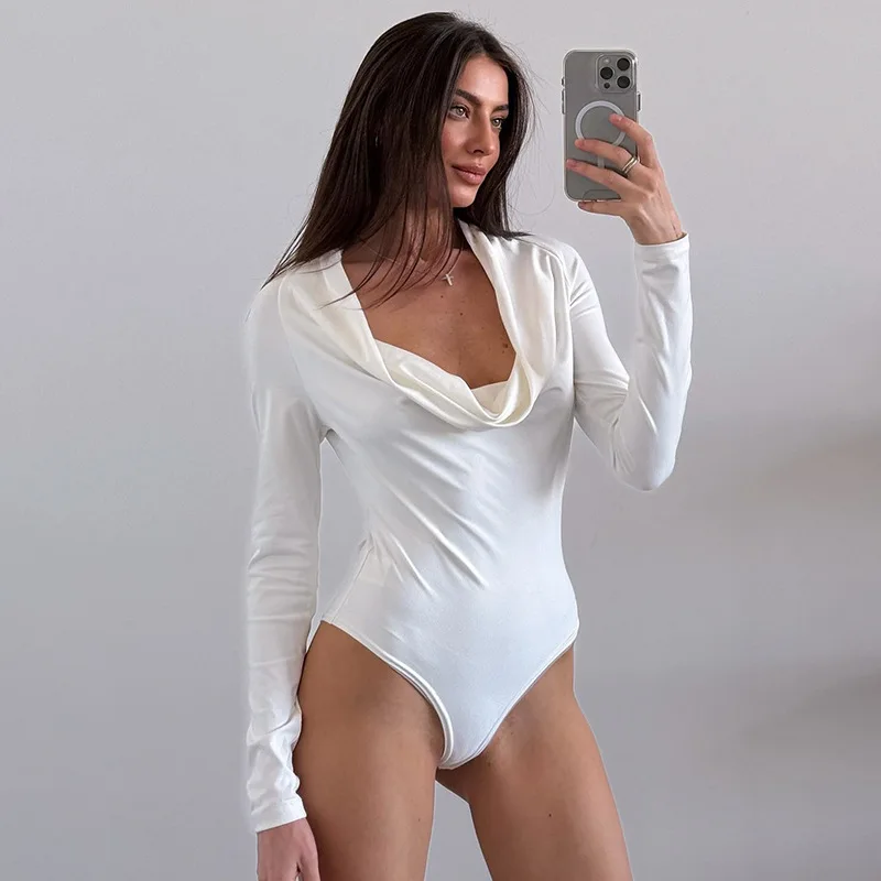 Eleganckie body z długim rękawem damskie kombinezony ubrania Bodycon podstawowe topy modne body seksowny top stroje biały damski stanik