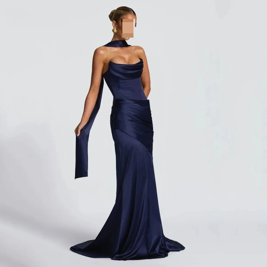 Eighttre blu navy senza spalline sirena abiti da ballo formali senza schienale con sciarpa abito da sera lunghezza pavimento abito da festa personalizzato