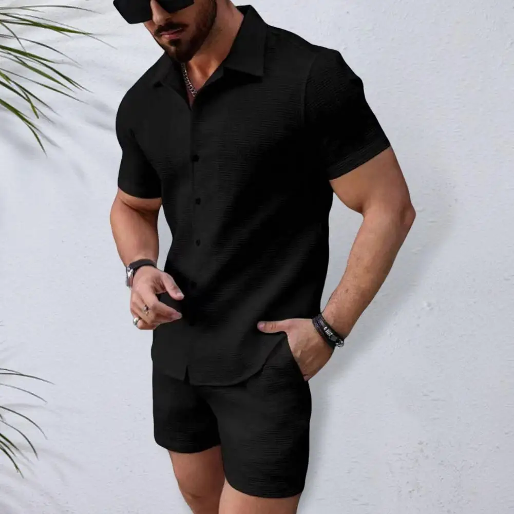 Terno masculino de duas peças, cor sólida, conjunto de terno masculino, camisa de manga curta, shorts com cordão e bolsos, roupa de praia para o verão