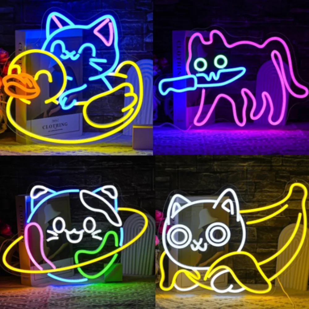 Sneaky Cat Neon Sign Knife Neon Light Adorable LED Neon Sign Cat Cafe Cat House Store Restaurant Home Kitchen decoration