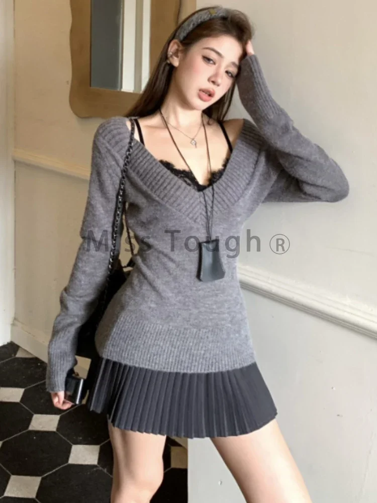 Winter Vintage Chic Knit V-neck Sweater Women Design Retro Lace Slim Sling Vest Female + Solid High Waist Ruffle Skirt Suit New