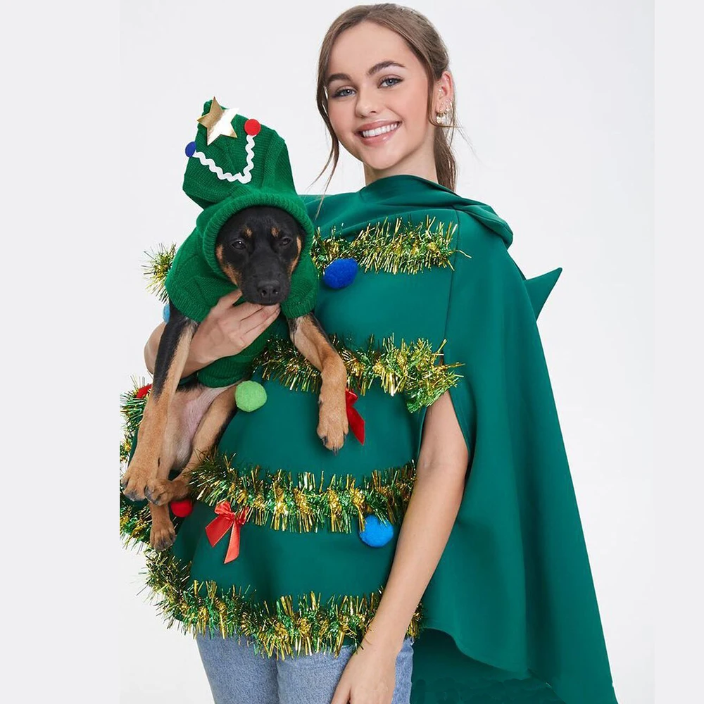 Christmas Hooded Tree Cloak 3D Ribbon Decoration Cosplay Green Christmas Tree Capes For Women New Year Party Costumes Xmas Gifts