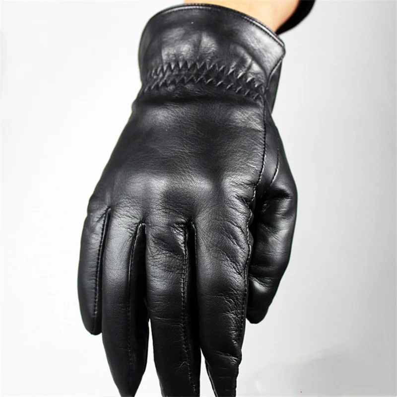 Sheepskin Genuine Leather Men's Gloves Fashion Driving Riding Gloves Winter Warm Plus Velvet Sport Gloves For Male