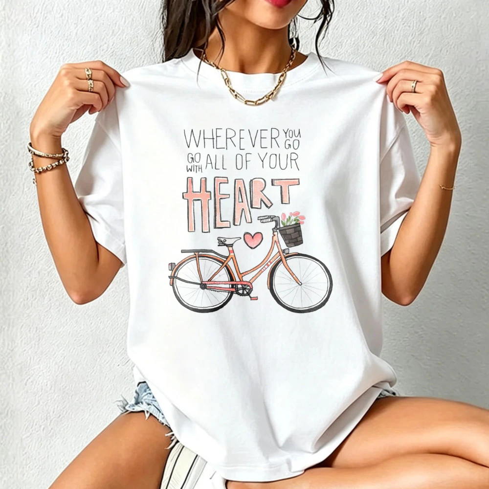 Heart Bike Graphic T-Shirt Romantic Flower Basket Cute Love Quote Women Casual Shirt Romantic Ctiy Tourist Tees Cotton Tops