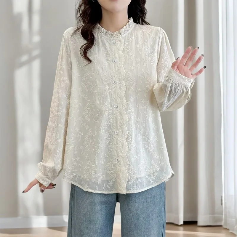 2025 春プラスサイズブラウス模造ジャカード長袖シャツ 100 キロレースフリル襟トップ女性のための 663
