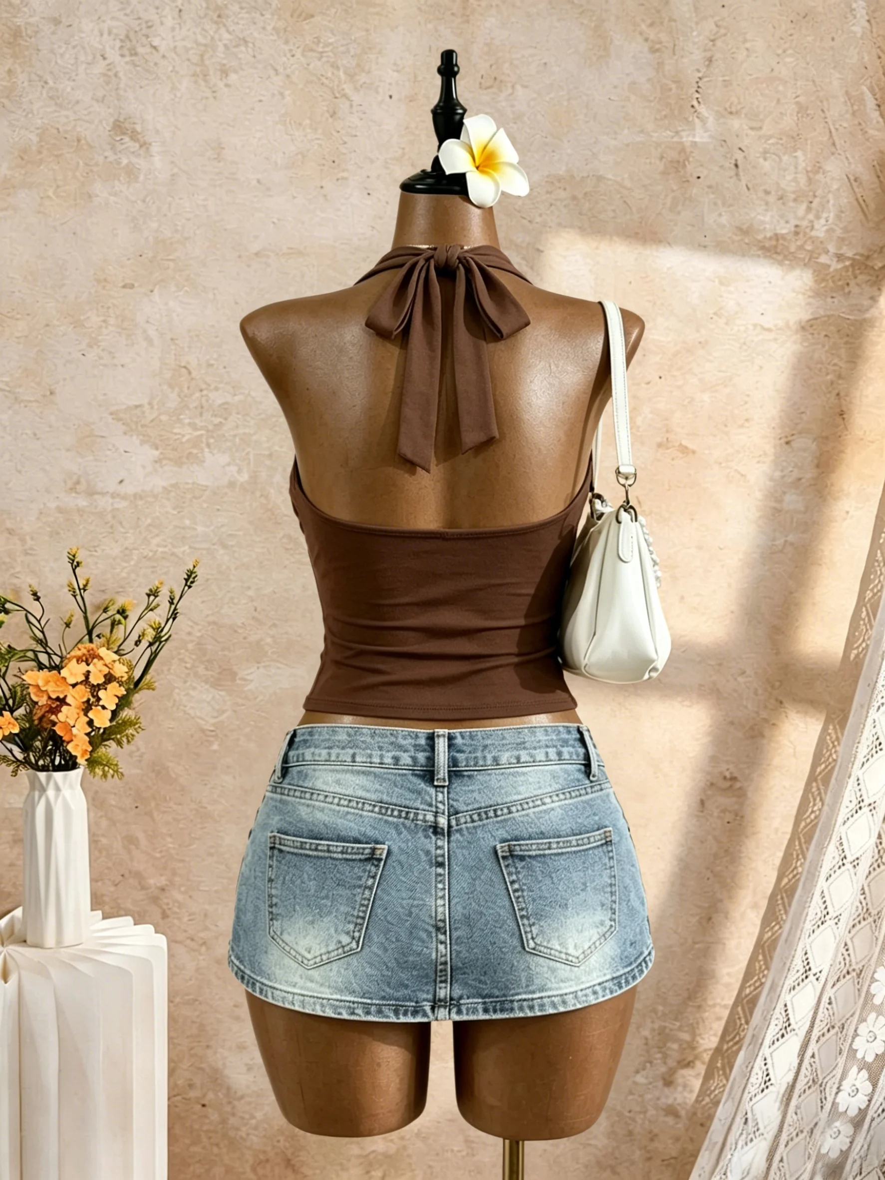 Women Halter Neck O‑Ring Cutout Front Ruched Sleeveless Fitted Crop Top Casual Camisole