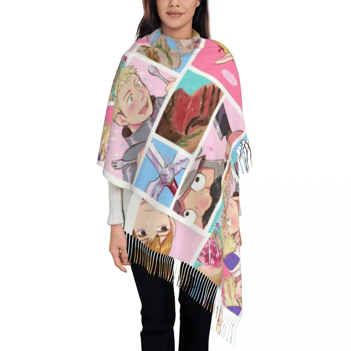 Women's Scarf with Tassel Dungeon Meshi Anime Marcille Laios Long Warm Shawl and Wrap Delicious In Dungeon Pashmina Scarves