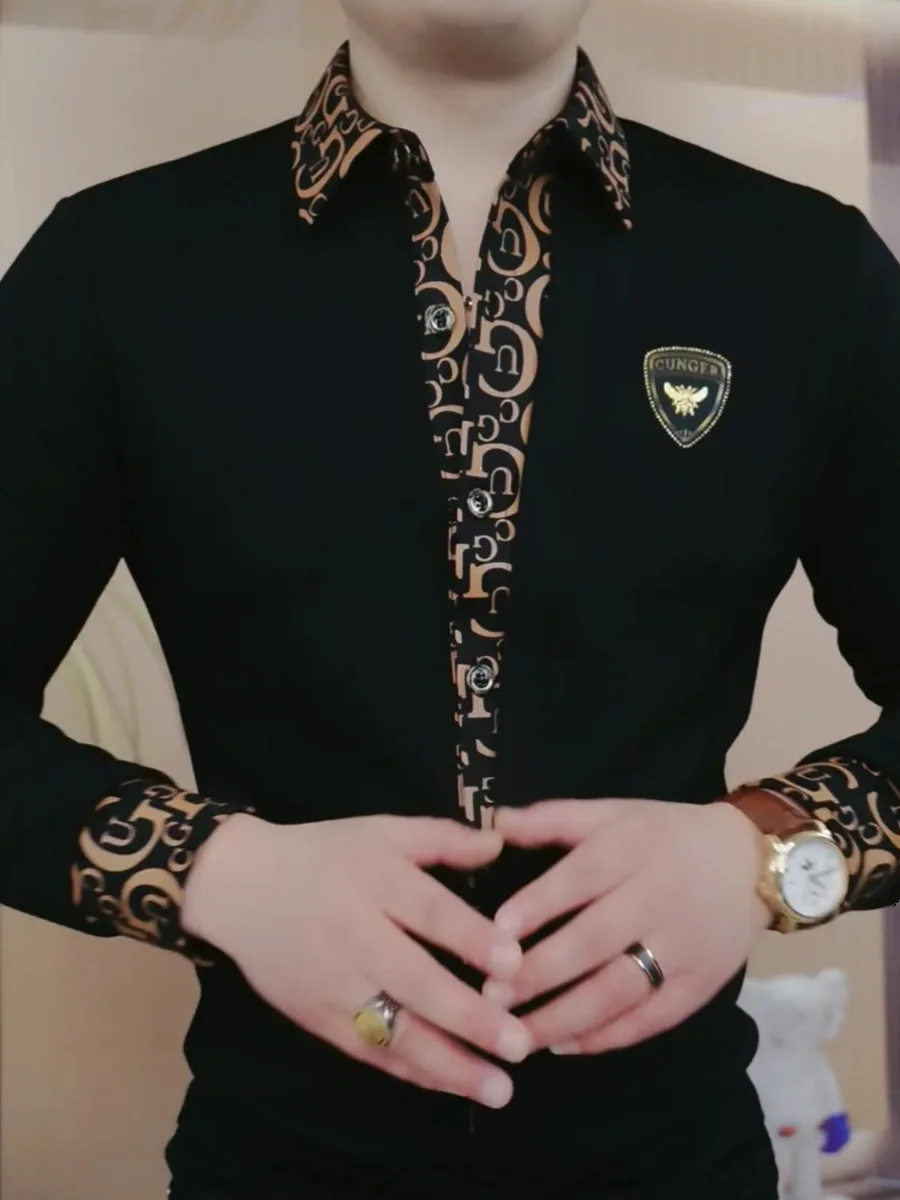 

European Sle Men's Long Sve irt Slim Fit Faionable Busin Casual Print Splice No Iron Treaent Urban Sle