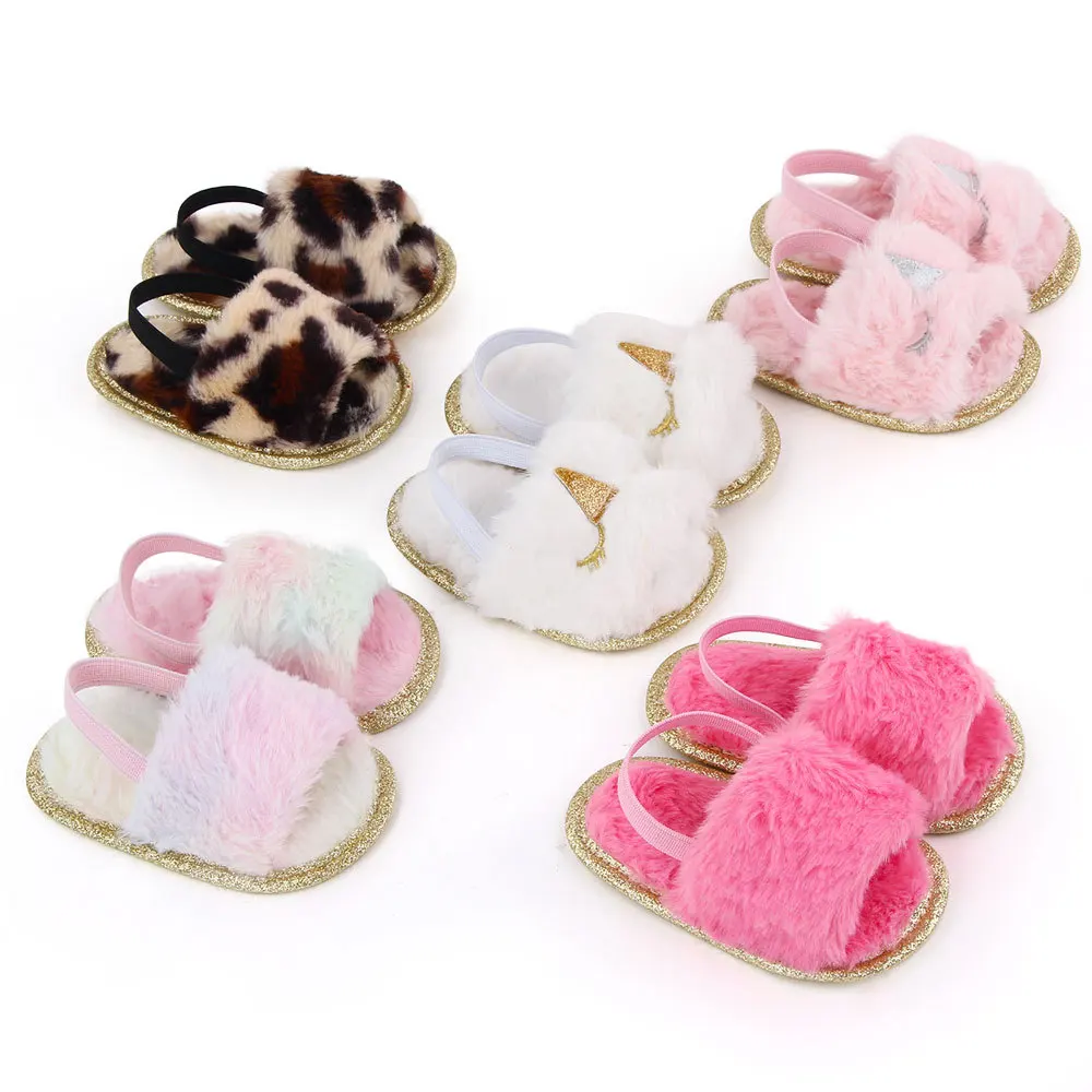 Newborn Baby Girls Shoes Cute Unicorn Princess Comfort Faux Fur Shoes Pink Leopard Summer Soft Sole Elegant Toddler First Walker