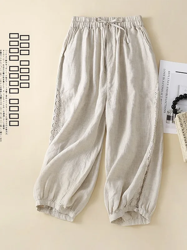 

Повседневные льняные хлопковые брюки-харланы с широкими штанинами для женщин, летние, свободного кроя, с высокой талией, в художественном стиле, для повседневной носки, с декоративными элементами