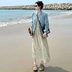 Blazer Dress Sets Women Elegant Fashion Two-Piece Suits Spring Autumn Fried Street Suit Jacket Floral Sling Dresses 2 Piece Sets