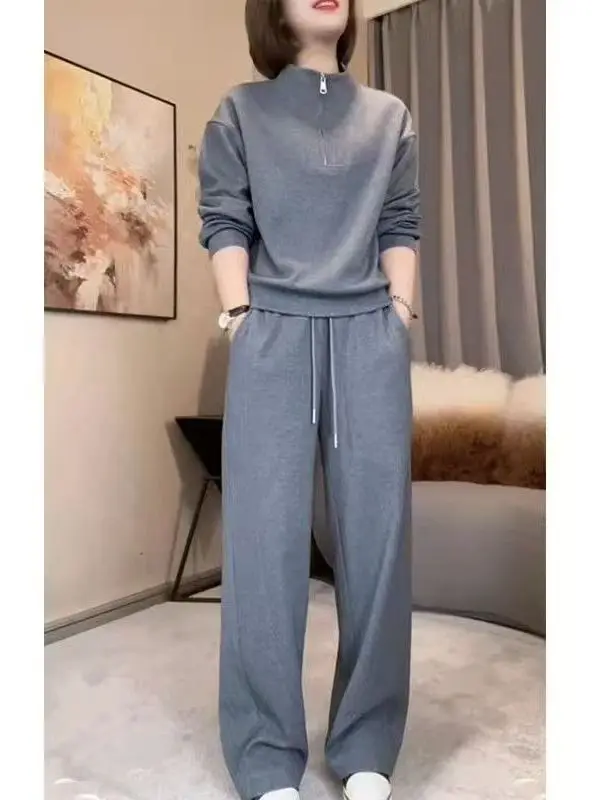 

Faionable Midlife Mom Spring Autumn Two-Piece Set Sli Age-Defng Korean Sle Commute Loose Fit High Waist Long Pants