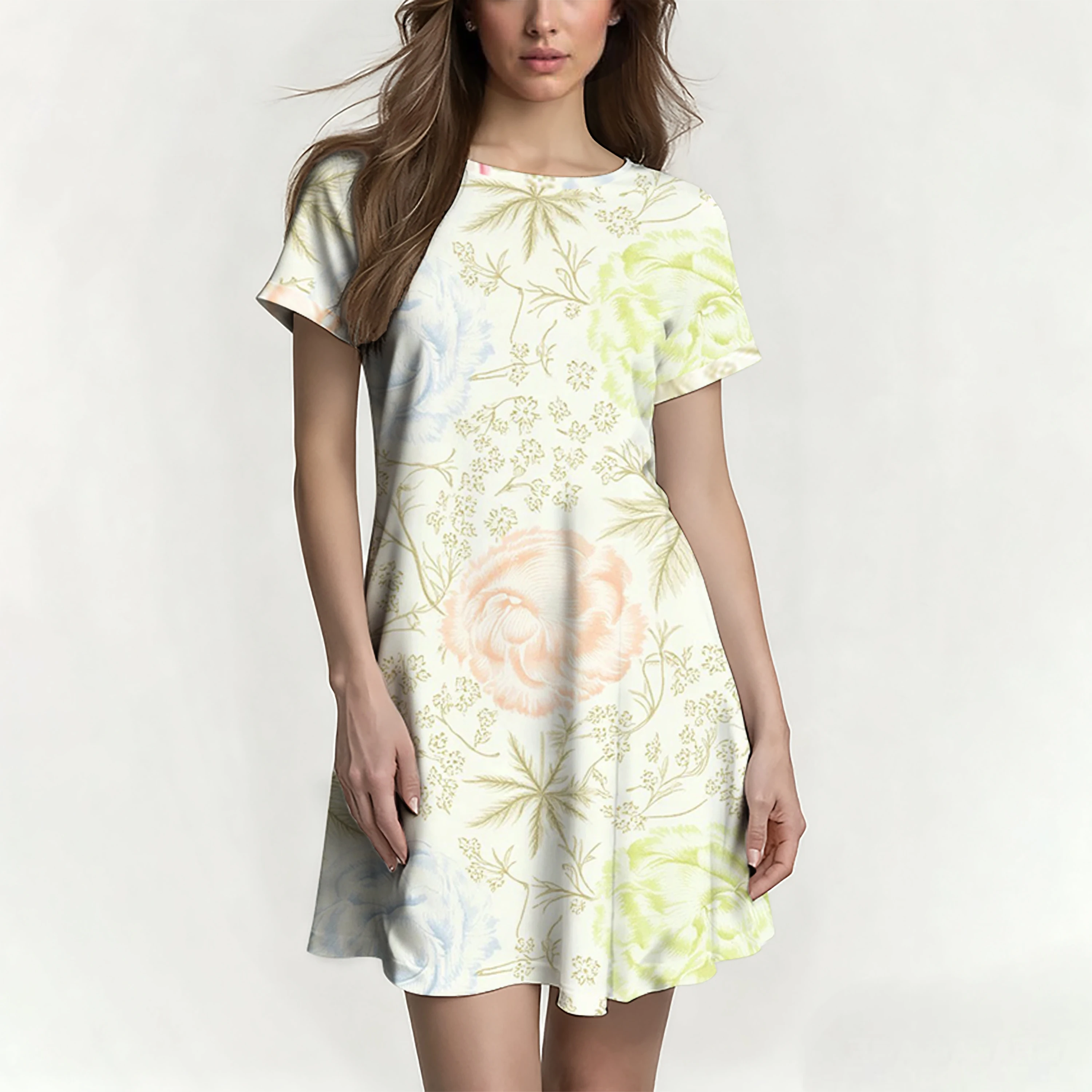 Letnia sukienka damska o kroju litery A z okrągłym dekoltem i rękawami raglanowymi, damska krótka spódnica z nadrukiem, codzienna, wygodna i stylowa.