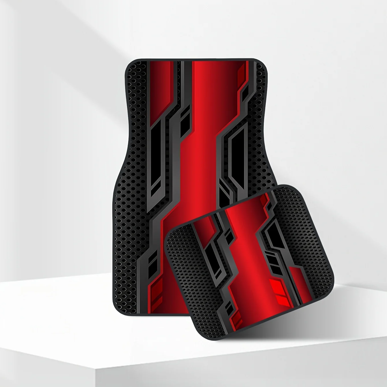 

[Trendy Car Floor Mats] 4pcs Trendy Red And Black Geometric Design Print Car Floor Mats Set | Easy To Clean, Fashionable Interio