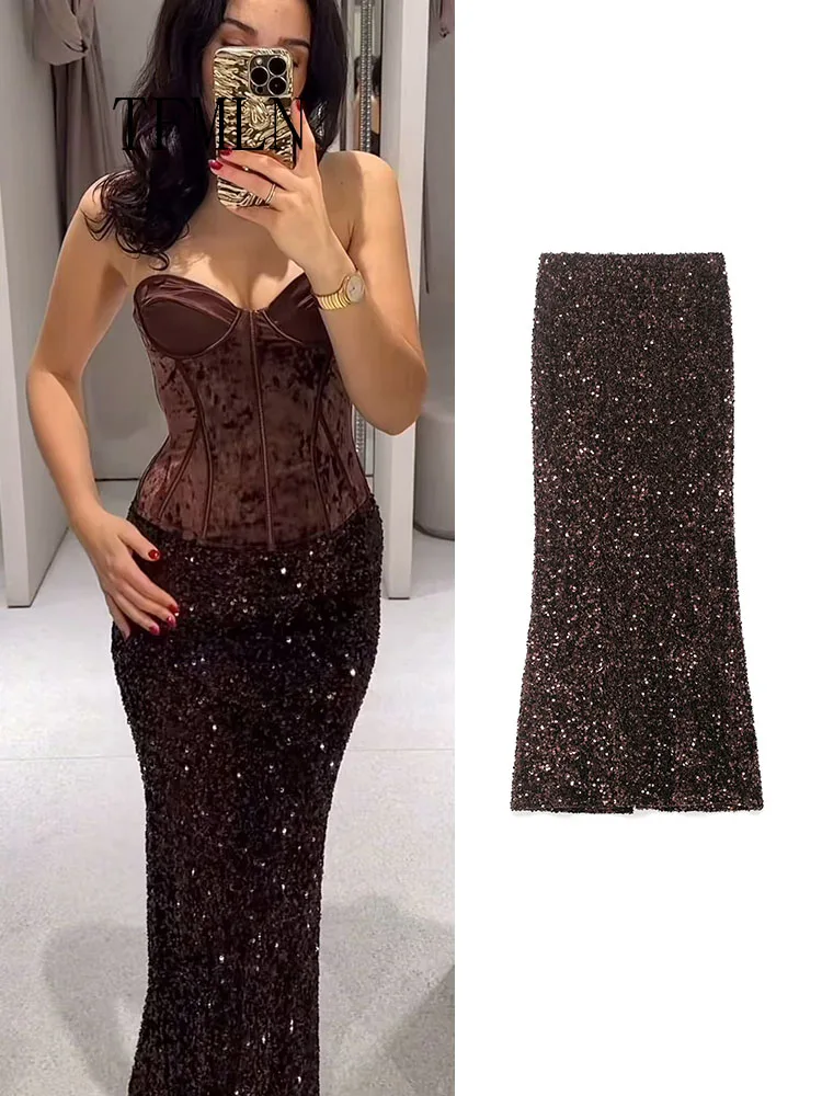 TFMLN femmes élégantes paillettes mince jupes décontractées 2026 printemps mode soirée jupes rétro Sexy femme vêtements de noël