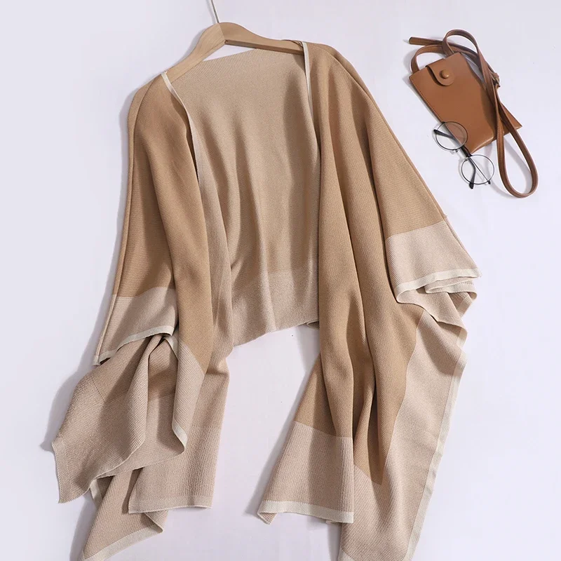 Women Casual Set Contrast Color Shawl Coat+Solid Mid-Length Long Sleeved Mock Neck Knit Dress Elegant Loose Fall Winter Outfit