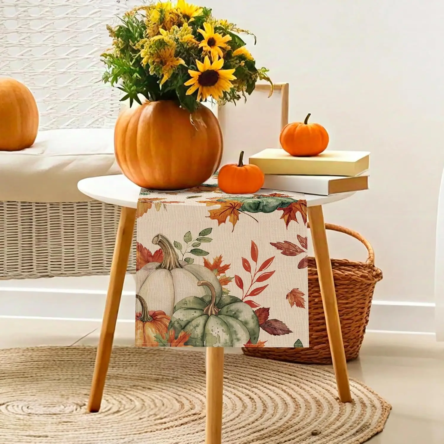 Fall Thanksgiving Green Pumpkin Maple Leaf Linen Table Runner Home Decor Autumn Harvest Kitchen Dining Table Runners Party Decor