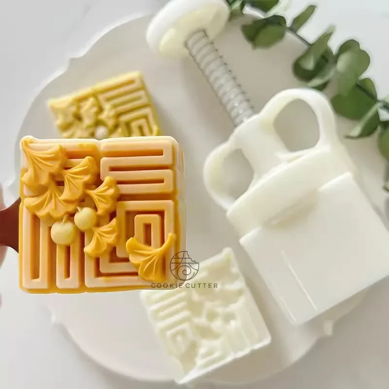 63g Ginkgo Leaf Moon Cake Hand Press Mold Chinese FU Character Cookie Cutter Mung Bean Cake Dessert Pastry Kitchen Decorations