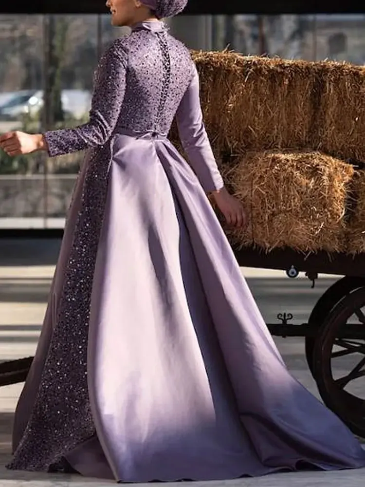 Satin Elegant Lavender Muslim Evening Dress Turkish lslamic Women Formal Gowns High Neck Long Sleeves Sequins Beaded Prom Dress