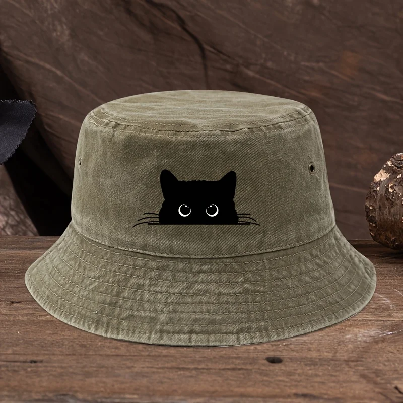 Niedlicher Fischerhut mit schwarzem Katzenmuster und Vintage-Stil, geeignet für Outdoor-Reisen für Männer und Frauen