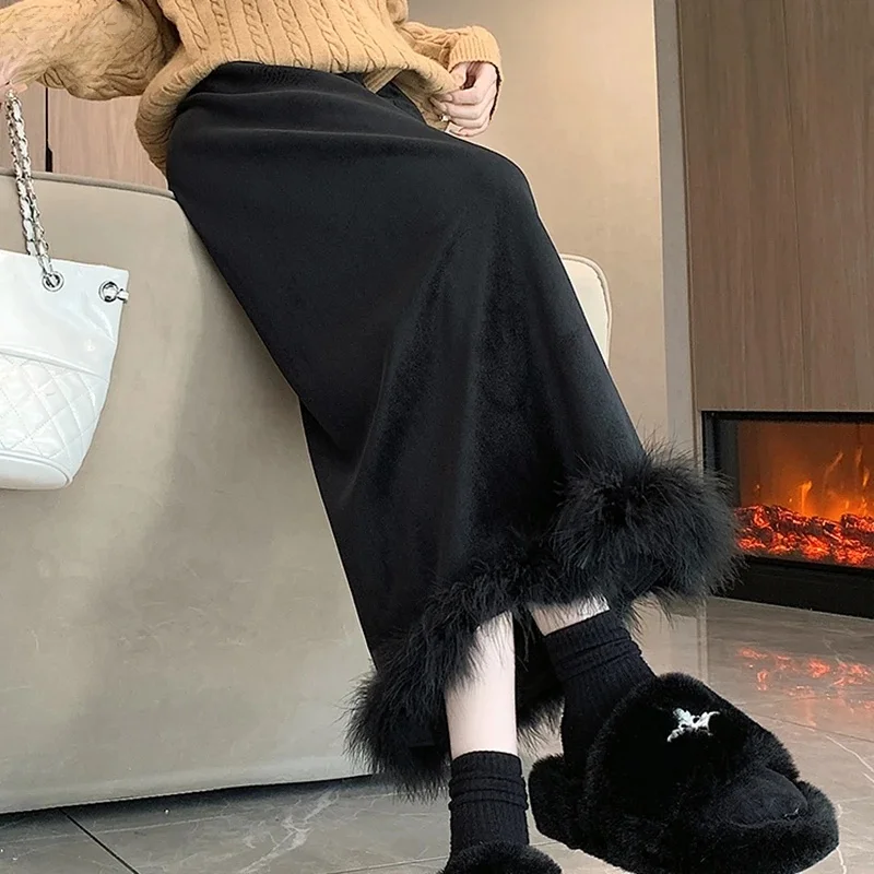 Elegant Winter Velvet Long Skirts Women Streetwear High Waist A Line Faldas Largas Korean Y2k Clothes Harajuku Black Midi Skirt