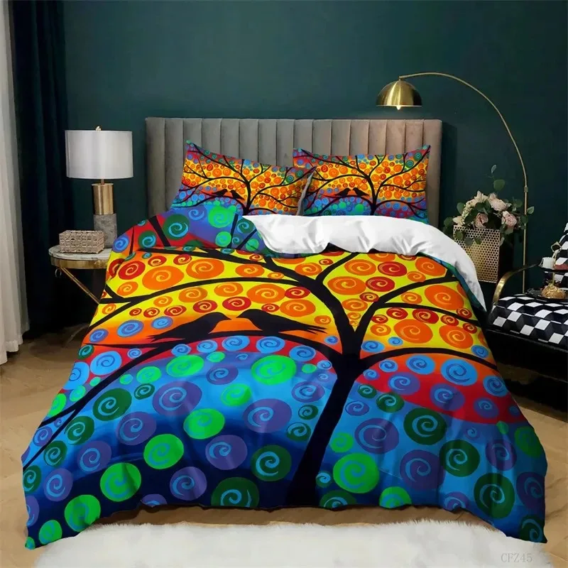 Tree of Life Duvet Cover King Botanical Branches Leaves Bedding Set Microfiber Psychedelic Mysterious Colorful Tree Quilt Cover