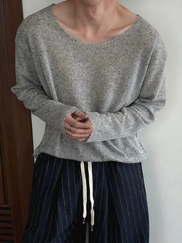 Loose Fit Long Sleeve Knitted T-Shirt Men's Lazy Style Big Collar Brushed Base Layer Shirt Breathable Comfortable Youth Fashion