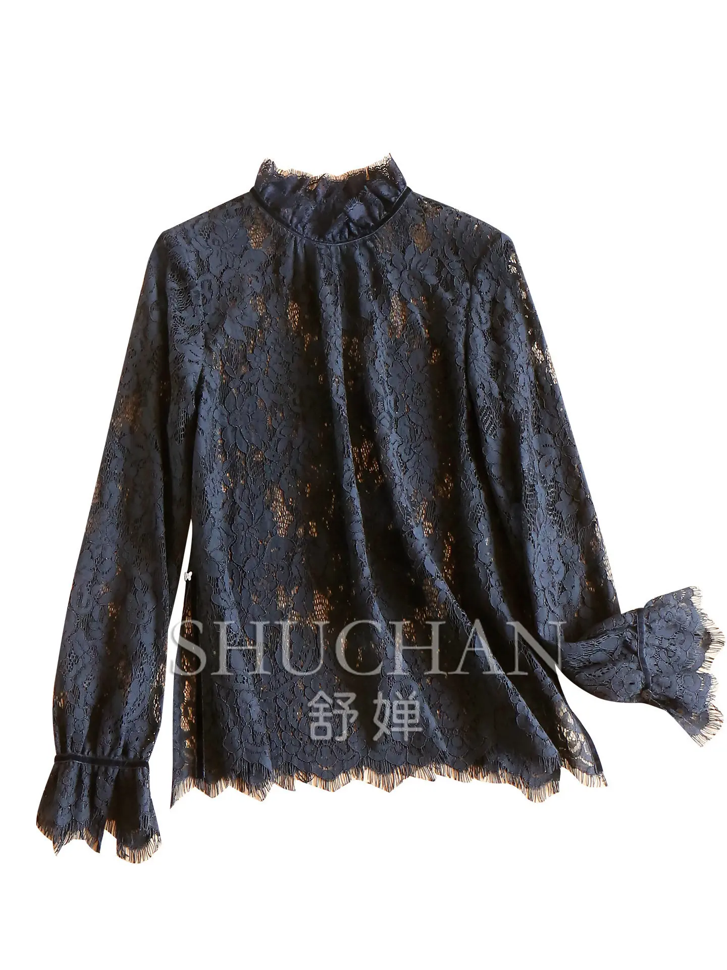 Soft Rhyme Lace Blouse Atmospheric Cabinet Loose Tassel Fungus Edge Trumpet Sleeve Shirt Women's F217