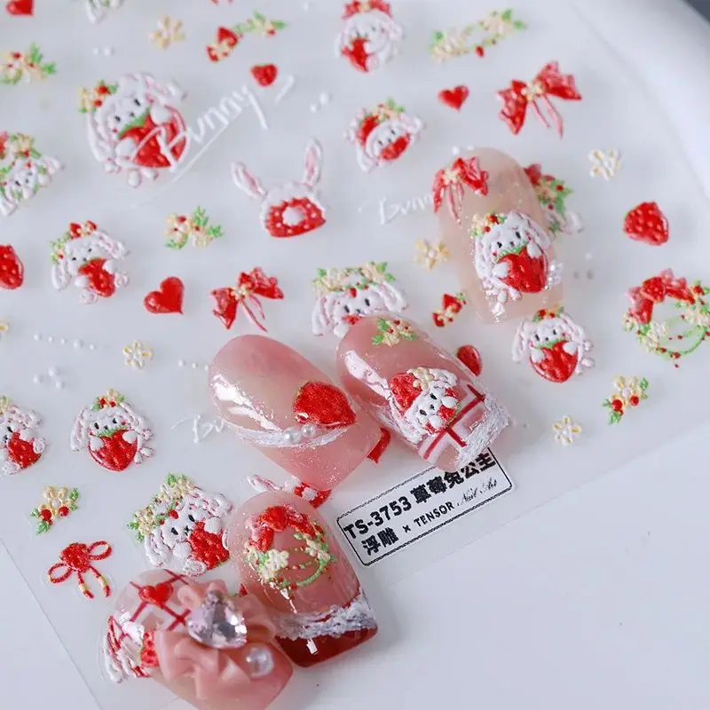 Lovely Strawberry Rabbit Flowers Bowknot 5D Embossed Reliefs Self Adhesive Nail Art Stickers Cute Bunny Manicure Decals