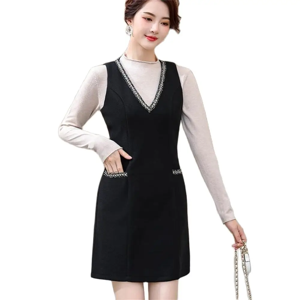 Women's French V-Neck Solid Pullover Dress Minimalism Dresses Elegant Fashion Spring New 2024