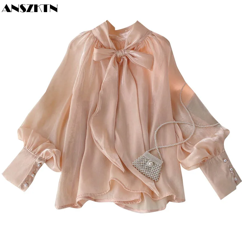 

ANSZKTN Spring Fall New France Bow Celebrities Loose Sweet Lace Puff Sleeve Top For Women