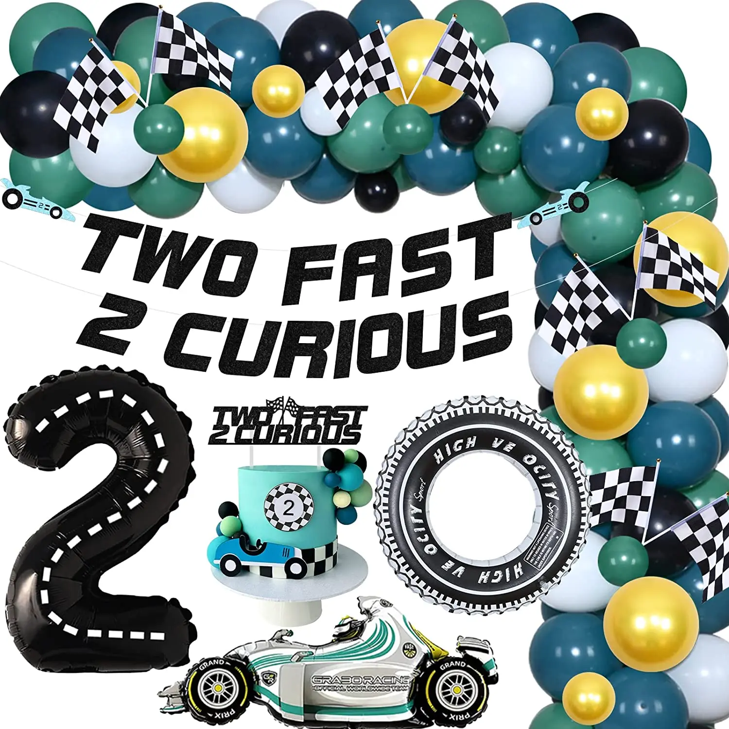 

Two Fast Birthday Decorations Race Car Balloon Arch Kit Vintage Two Fast 2 Curious Banner Cake Topper for Boy 2nd Birthday Party