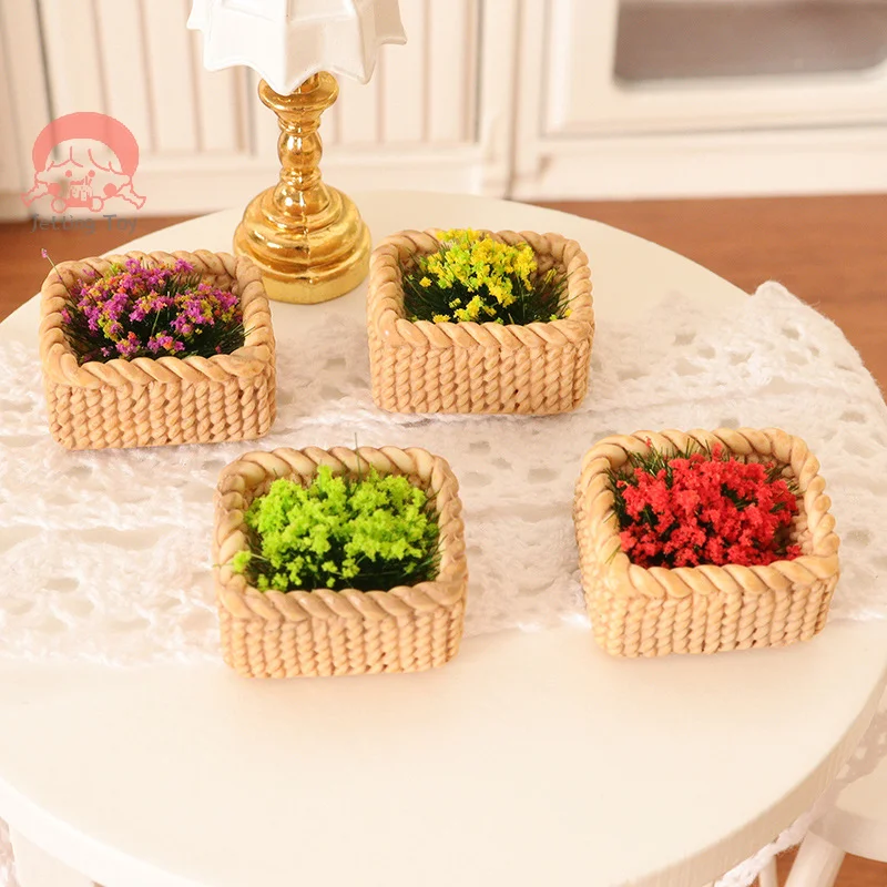 1:12 Dollhouse Miniature Bamboo Weaving Flower Basket Plant Ornament Mini Green Plant Flowers Pot Potted Garden Home Model Decor