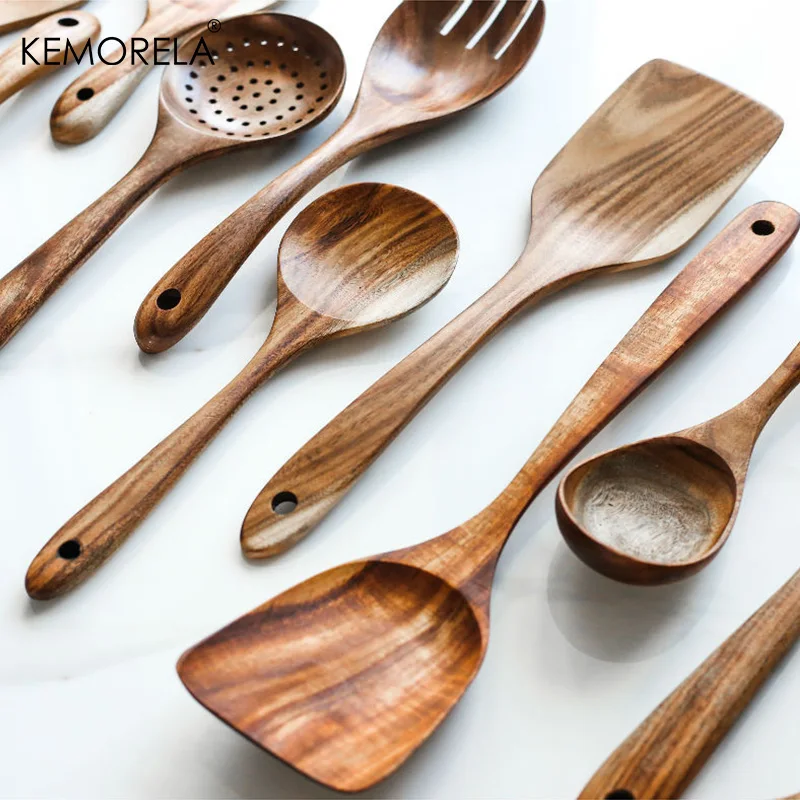 KEMORELA 1pc Teak Tableware Wooden Spoon Colander Spoon Special Nano Soup Skimming Cooking Spoon Cutlery Kitchen Accessory Tool