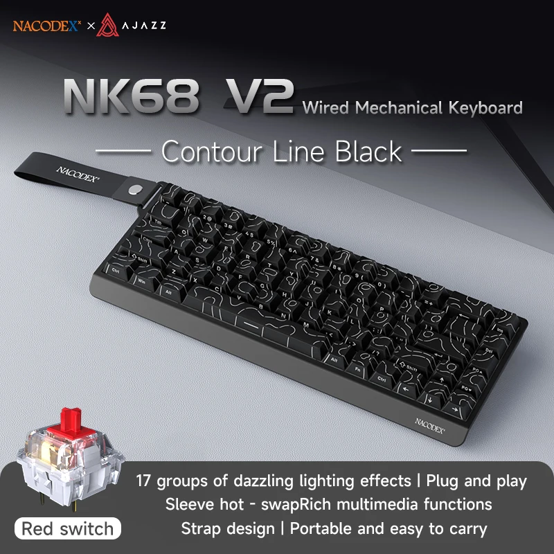 AJAZZ NK68V2 mechanisch gamingtoetsenbord: 65-toetsenindeling, meerkleurige achtergrondverlichting, plug-and-play, bekabelde verbinding, compatibel met meerdere systemen (Windows en iOS), compact
