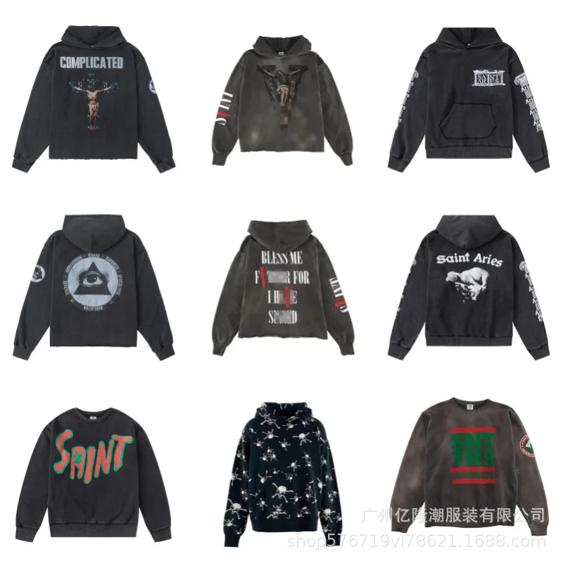 Washed Loose Men's And Women's Saint Michael American Retro Portrait Hoodie Sweatshirt Casual Comfortable Streetwear #1