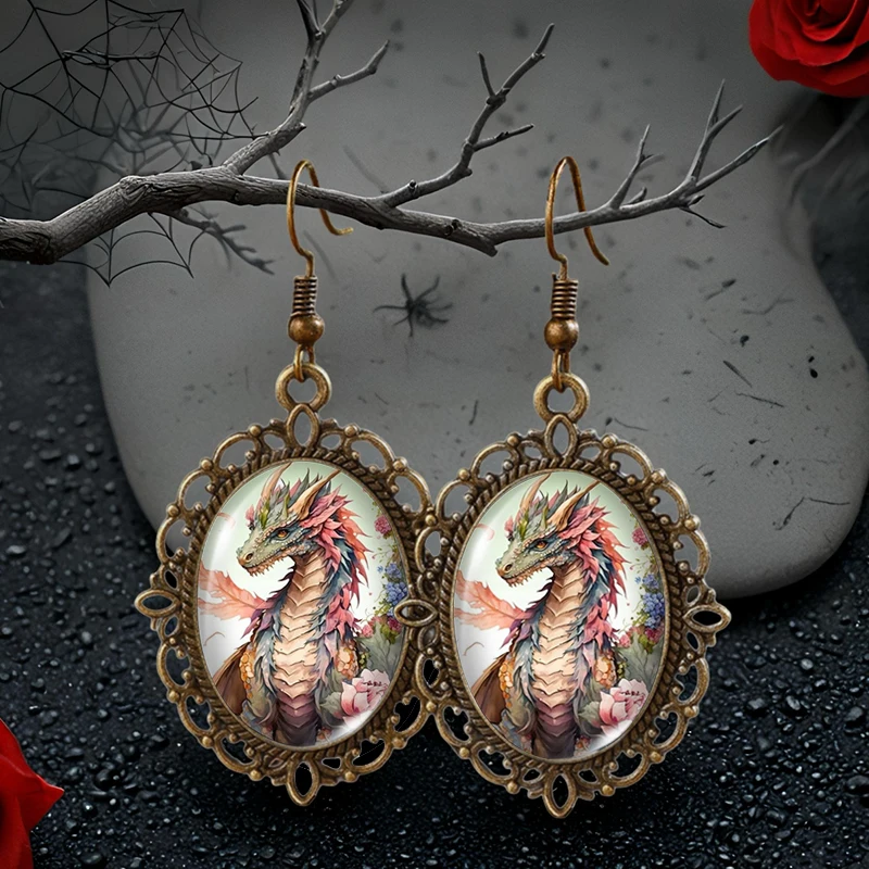 Retro Dragon and Flowers Picture Oval Glass Cabochon Flower Shaped Fish Hook Earrings Handmade Gifts
