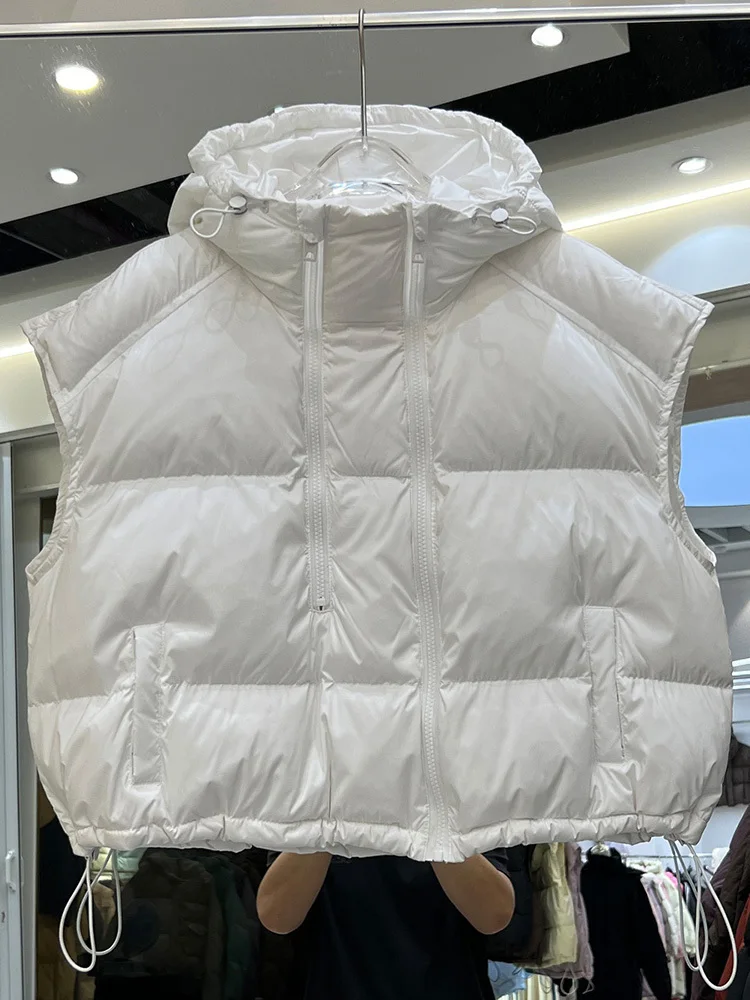 2024 New Women 90% White Duck Down Vest With Hood Autumn Winter Warm Over Size Casual Sleeveless Female Puffer Jacket