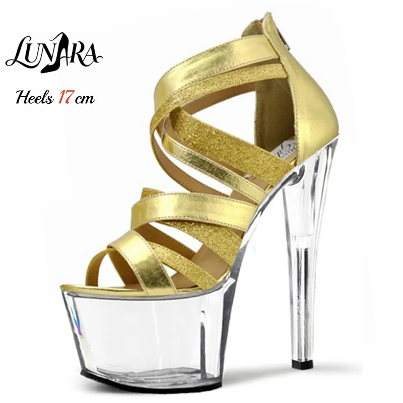17cm/7Inch Gold Metallic Strappy Open toe Platform Stilettos Sandals Zipper Stripper shoes Exotic Pole dance Clubs Rave Parties