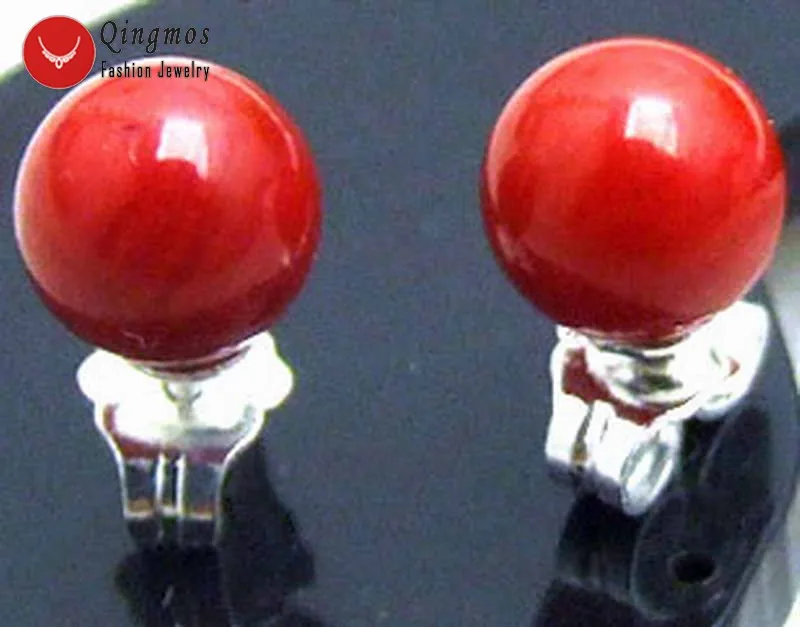 Qingmos Fashion 8mm Round Natural Red Coral Earring for Women with Personality Design Jewelry Antique Silver Plated Stud Earring