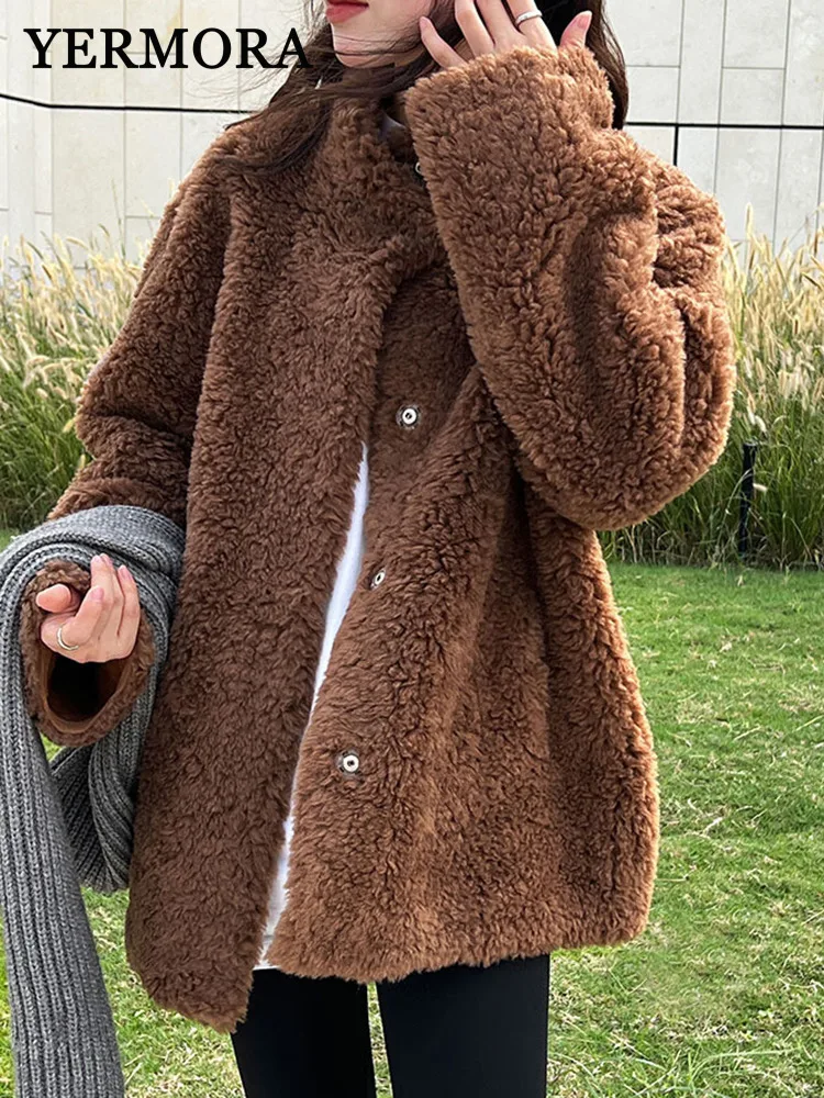 

YERMORA Winter New Brown Button Warm Wool Coat For Woemn Lapel Long Sleeve Loose New Casual Jacket Fashion Tide Autumn 2025