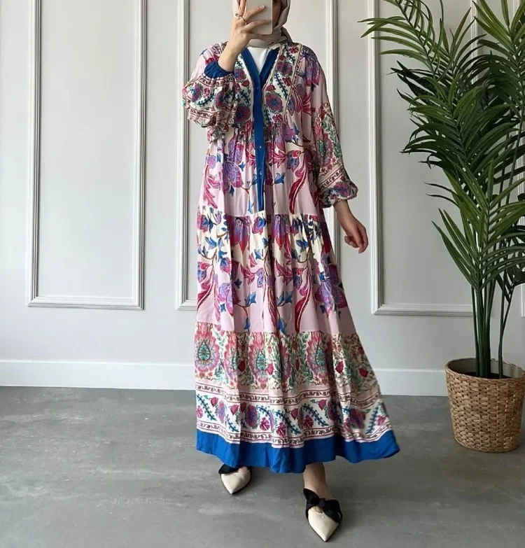 2024 Casual Autumn Women Dress Vintage Printed Ethnic Large Swing Dresses Loose V Necked Long Sleeved Robe Party Elegant Vestido