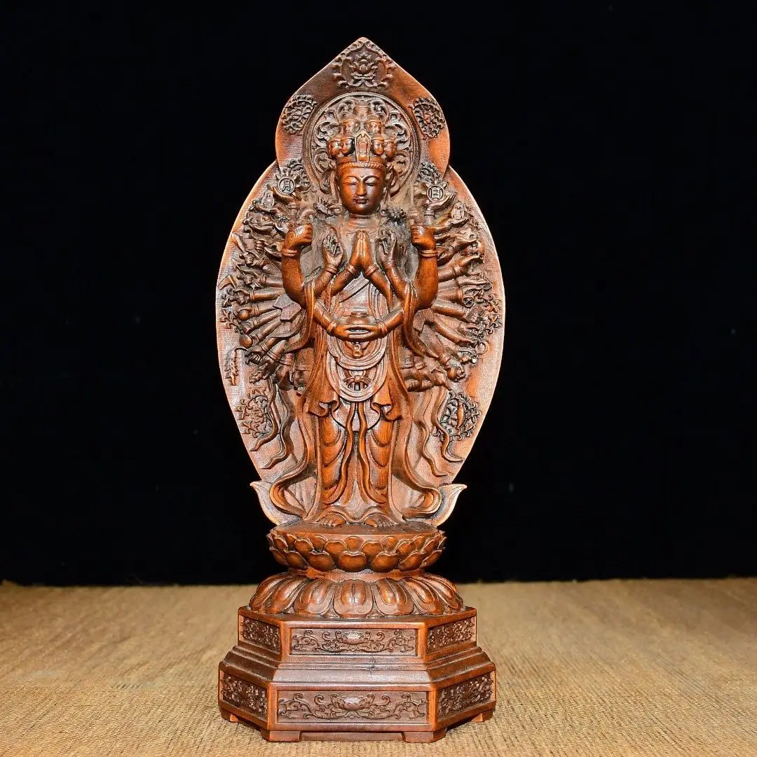 Hand Carved Wood Standing thousand-hand guanyin Statue Figurine Desktop Ornaments Home Decoration