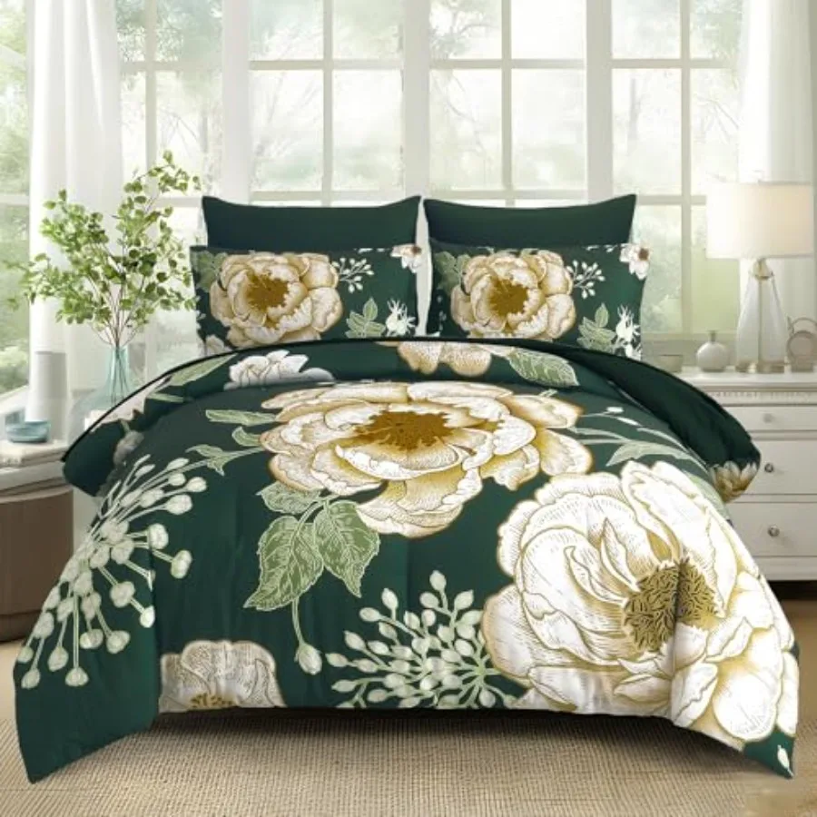 

Floral Comforter Set Size 7 Pieces Bed in a Bag Flower Print on Bedding Set Soft Microfiber Bedding Set for All Season 90"x90