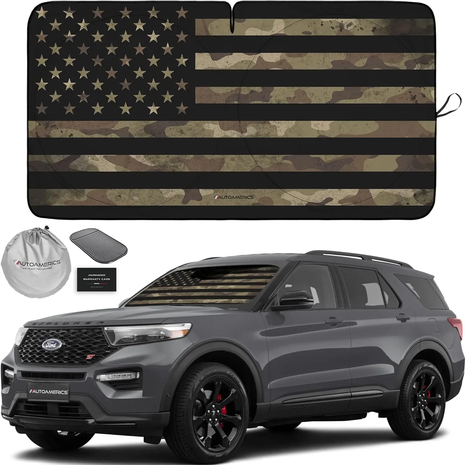 

Складная автомобильная солнцезащитная козырек, темный камуфляж с флагом США — блоки УФ-лучей, сохраняет автомобильный крутой — средний размер