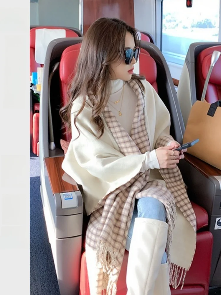 カズキ-エスニックスタイル-厚手スカーフコート-旅行写真撮影用-暖かい帽子-スカーフ-旅行用ショルダーショール-タッセル付き-装飾的な格子縞模様