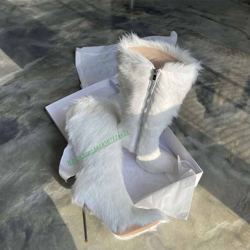 White Metal Heel Fur Boots Stiletto Side Zipper Knee High Boots Winter Fur Warm Ladies Shoes