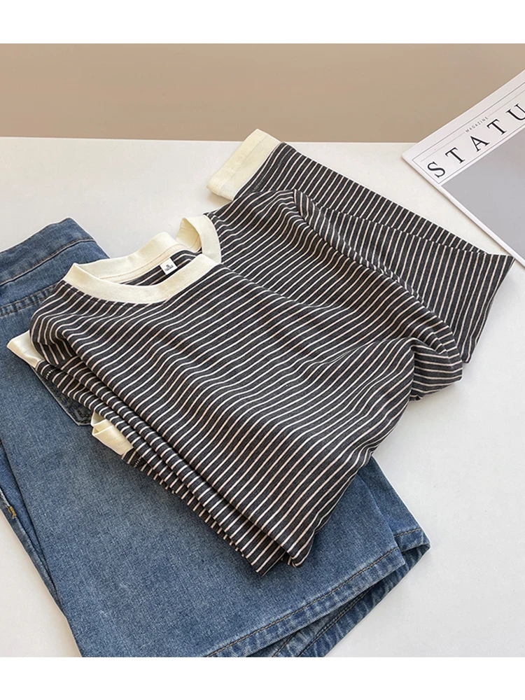 اللون Blo مخطط فضفاض صالح قاعدة irt ملابس داخلية المرأة Faion الفرنسية Sle تخفيف عادية القطن طويل Sve تي شيرت